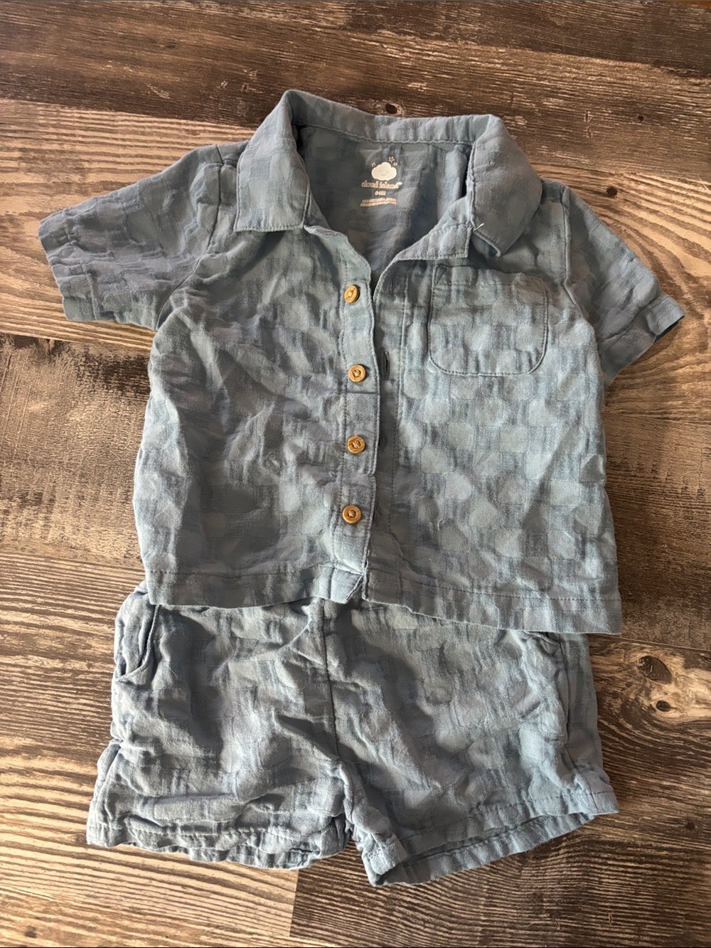 Light Blue Linen-Look Baby Shirt & Shorts Set